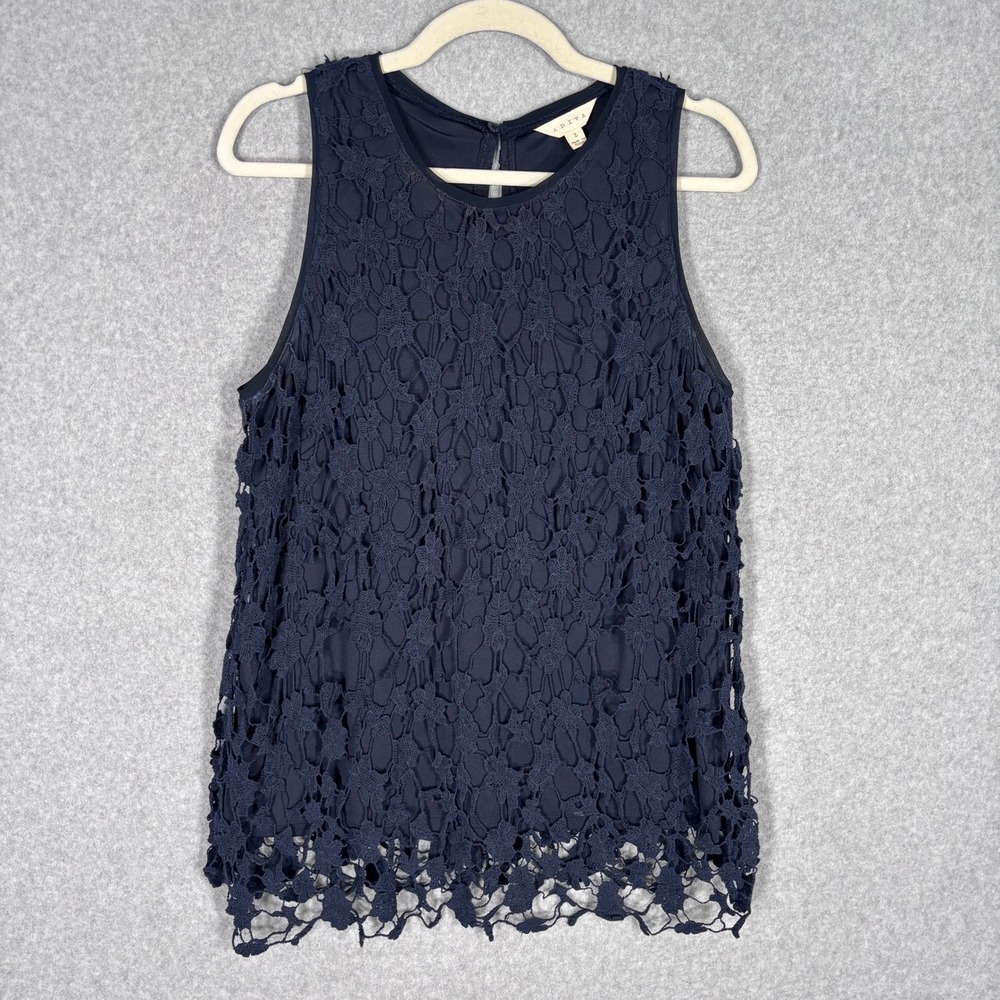 Anthropologie ADIVA Lace Tank Top Large Navy‎ Crochet Babydoll Cottage Feminine